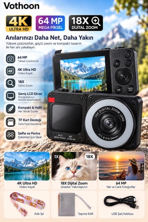 4K Dijital Fotoğraf Makinesi 18X Dijital Zoom 64 MP Ön ve Arka Ekranlı Kompakt Kamera