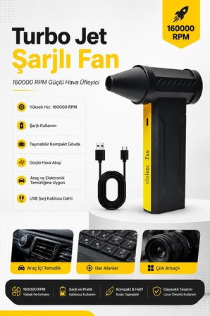 Turbo Jet 160000 RPM Taşınabilir Şarjlı Hava Üfleyici 2x5000 mAh Bataryalı Mini Fan