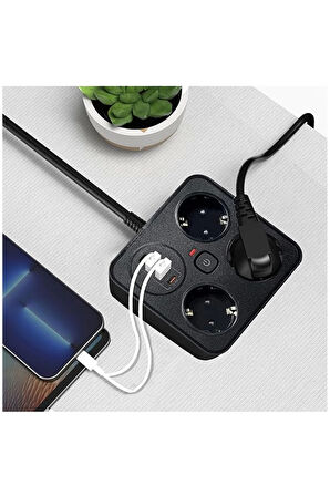 Akım Korumalı Anahtarlı Priz - 3X Priz - 2X Usb - 2X Type-C - 2 mt Kablo Hızlı Şarj Özellikli Siyah