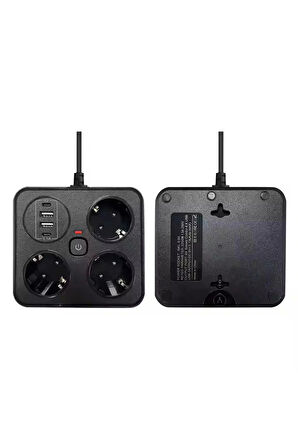 Akım Korumalı Anahtarlı Priz - 3X Priz - 2X Usb - 2X Type-C - 2 mt Kablo Hızlı Şarj Özellikli Siyah
