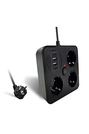 Akım Korumalı Anahtarlı Priz - 3X Priz - 2X Usb - 2X Type-C - 2 mt Kablo Hızlı Şarj Özellikli Siyah