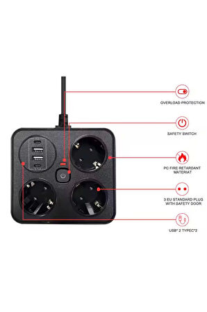 Akım Korumalı Anahtarlı Priz - 3X Priz - 2X Usb - 2X Type-C - 2 mt Kablo Hızlı Şarj Özellikli Siyah