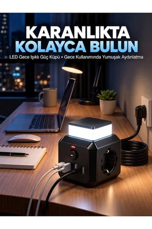 Akım Korumalı 3'lü Priz 2200W 1050J 10A Gece Lambalı 2 USB 2 Type-C Şarj Girişli Bsp-4