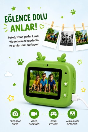 Dinozor Tasarımlı Anında Baskılı Çocuk Fotoğraf Makinesi 1080P Dijital Çocuk Kamerası