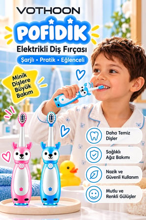 Pofidik Çocuklar İçin Şarjlı Elektrikli Diş Fırçası 3 Modlu Titreşimli Şarjlı Yedek Başlık Hediyeli Mavi