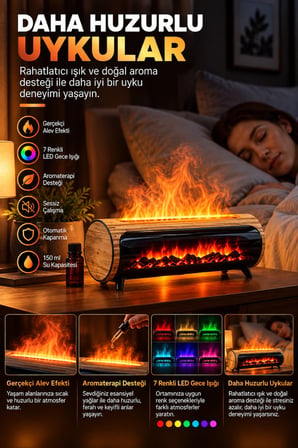 Şömine Görünümlü Hava Nemlendirici 150 ML 7 Renk LED Işıklı Ultrasonik Hava Nemlendirici Ahşap