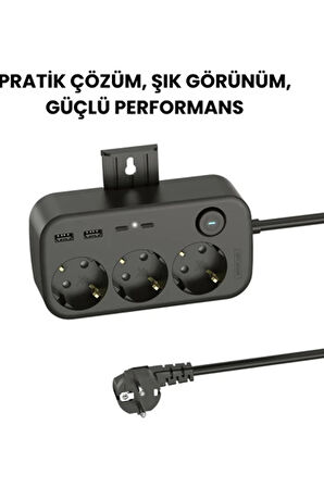 Akım Korumalı Priz 2 USB + 2 Type-C Girişli 2 Metre Kablosu Anahtarlı ve Duvara Monte Edilebilir