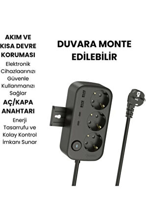 Akım Korumalı Priz 2 USB + 2 Type-C Girişli 2 Metre Kablosu Anahtarlı ve Duvara Monte Edilebilir