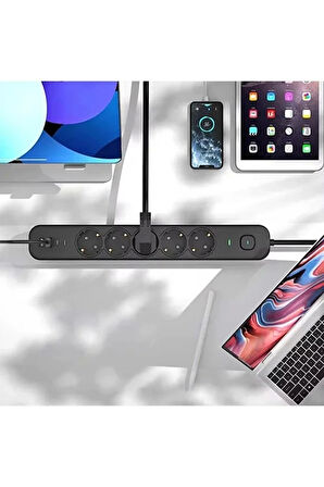 5 Prizli Akım Korumalı Uzatma Kablosu | 2xUSB-A + 2xUSB-C | 3680W - 2m Kablo