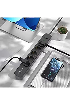 5 Prizli Akım Korumalı Uzatma Kablosu | 2xUSB-A + 2xUSB-C | 3680W - 2m Kablo