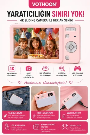 Dijital Kamera 4K HD 48MP 16X Zoom Flaşlı Kayar Retro Video Kamera 2.8" Ekran 64GB SD Kart Hediyeli