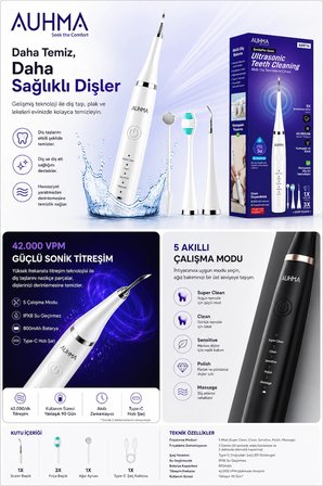 Ultrasonic  Şarjlı Elektrikli Akıllı Diş Temizleme Cihazı Beyazlatıcı 5 Mod 3+1 Başlık, IPX8 Su Geçirmez Beyaz