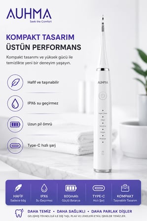 Ultrasonic  Şarjlı Elektrikli Akıllı Diş Temizleme Cihazı Beyazlatıcı 5 Mod 3+1 Başlık, IPX8 Su Geçirmez Beyaz