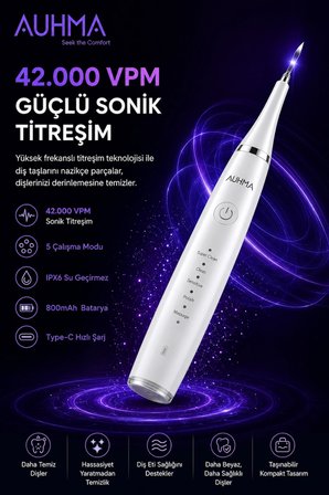Ultrasonic  Şarjlı Elektrikli Akıllı Diş Temizleme Cihazı Beyazlatıcı 5 Mod 3+1 Başlık, IPX8 Su Geçirmez Beyaz