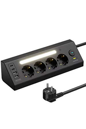 LP764 Çoklu Gece Lambalı Priz Yüksek Gerilim Korumalı 4'LÜ Priz 2XUSB 2XType-C Çıkışlı Grup Priz Çoğaltıcı
