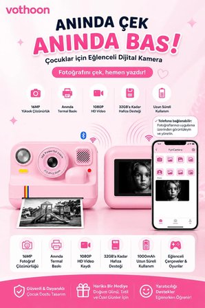 Çocuk Anında Baskılı Fotoğraf Makinesi 16MP Dijital Kamera 1080P Video WiFi Telefon Destekli
