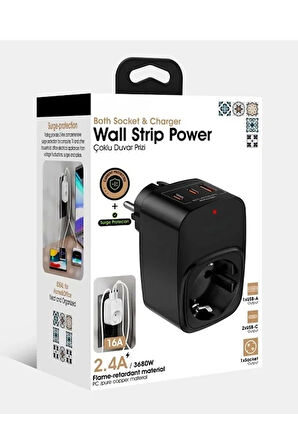 Tekli Yüksek Voltaj Korumalı Duvar Prizi 2X Type-C 1X USB Çıkışlı Priz Grup Priz Çoğaltıcı
