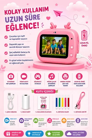 Dinozor Tasarımlı Anında Baskılı Çocuk Fotoğraf Makinesi 1080P Dijital Çocuk Kamerası