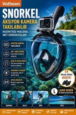 Profesyonel Tam Yüz Şnorkel Maskesi Dalış Maskesi Kulak Tıkacı Hedıye L/XL Siyah