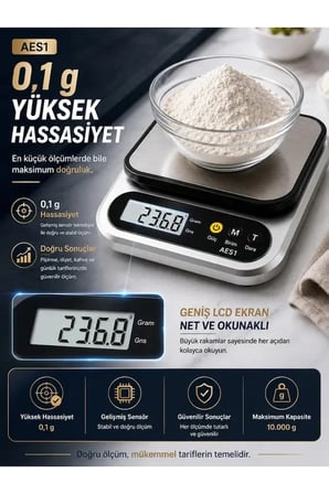 Dijital Mutfak ve Kahve Tartısı Hassas Gram Terazisi Paslanmaz Çelik LCD Ekran Çoklu Ölçüm g/oz 10 KG Kapasite