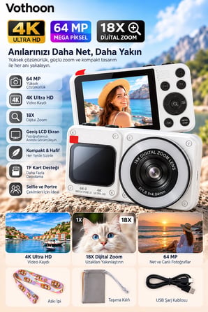 4K Dijital Fotoğraf Makinesi 18X Dijital Zoom 64 MP Ön ve Arka Ekranlı Kompakt Kamera