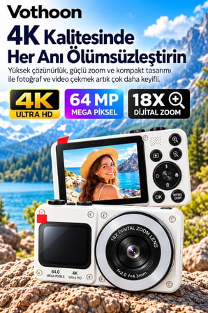 4K Dijital Fotoğraf Makinesi 18X Dijital Zoom 64 MP Ön ve Arka Ekranlı Kompakt Kamera