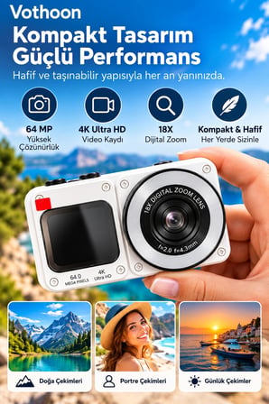 4K Dijital Fotoğraf Makinesi 18X Dijital Zoom 64 MP Ön ve Arka Ekranlı Kompakt Kamera