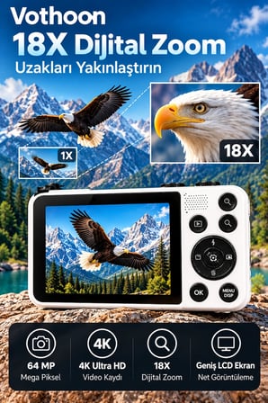 4K Dijital Fotoğraf Makinesi 18X Dijital Zoom 64 MP Ön ve Arka Ekranlı Kompakt Kamera
