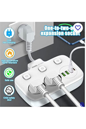 Akım Korumalı 2'li Ayrı Anahtarlı Priz, 2x Priz, 3x USB, 1x Type-C, 2 mt Kablo, Hızlı Şarj