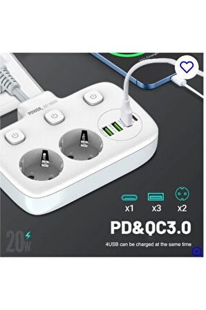 Akım Korumalı 2'li Ayrı Anahtarlı Priz, 2x Priz, 3x USB, 1x Type-C, 2 mt Kablo, Hızlı Şarj