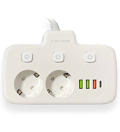 Akım Korumalı 2'li Ayrı Anahtarlı Priz, 2x Priz, 3x USB, 1x Type-C, 2 mt Kablo, Hızlı Şarj