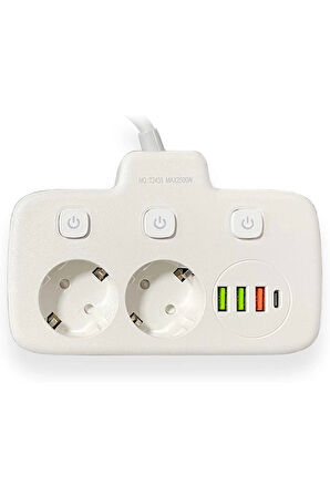 Akım Korumalı 2'li Ayrı Anahtarlı Priz, 2x Priz, 3x USB, 1x Type-C, 2 mt Kablo, Hızlı Şarj