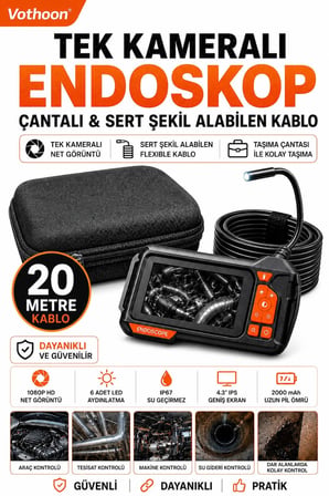 Ekranlı Tek kameralı 20 Mt Sert Kablo Yılan Endoskop Kamera 8 mm 4.3 ınc