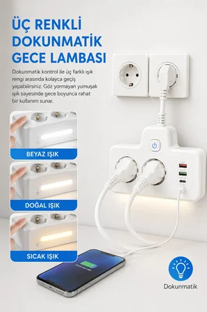 Bkl-502 Akım Korumalı 2Li Priz 2 USB ve 2 Type-C Çıkış 4000W Hızlı Şarj Duvar Tipi Dokunmatik Led Aydınlatmalı
