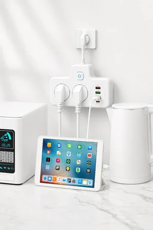 Bkl-502 Akım Korumalı 2Li Priz 2 USB ve 2 Type-C Çıkış 4000W Hızlı Şarj Duvar Tipi Dokunmatik Led Aydınlatmalı