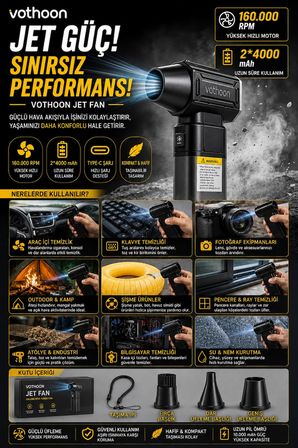 Turbo Jet Fan Süpürge Özellikli 160000RPM Ultra Güçlü Motor Güçlü Vakum 8000MAH Bataryalı Şık tasarım 3 Kademeli