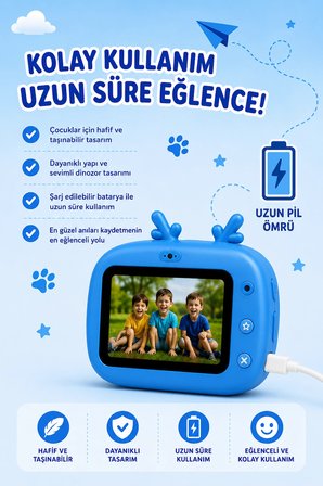 Dinozor Tasarımlı Anında Baskılı Çocuk Fotoğraf Makinesi 1080P Dijital Çocuk Kamerası