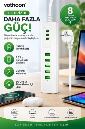 8 Portlu Çoklu USB Şarj İstasyonu 5 USB + 3 Type-C Masaüstü Çoklu Şarj Cihazı