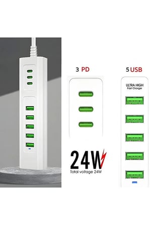8 Portlu Çoklu USB Şarj İstasyonu 5 USB + 3 Type-C Masaüstü Çoklu Şarj Cihazı