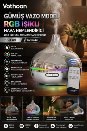 Gümüş Vazo Model RGB Işıklı Hava Nemlendirici & Aromaterapi Difüzör – 550 ml Kumandalı