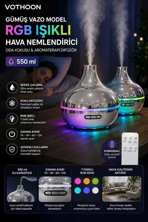 Gümüş Vazo Model RGB Işıklı Hava Nemlendirici & Aromaterapi Difüzör – 550 ml Kumandalı