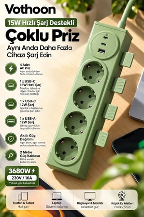 Vothoon 4’lü Akıllı Priz Tek Dokunuşla Fiş Çıkarma 2 Metre Kablo 2 Type-C + USB 15W Hızlı Şarj 3680W