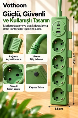 Vothoon 4’lü Akıllı Priz Tek Dokunuşla Fiş Çıkarma 2 Metre Kablo 2 Type-C + USB 15W Hızlı Şarj 3680W
