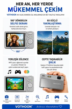 Dijital Kamera 4K HD 48MP 16X Zoom Flaşlı Kayar Retro Video Kamera 2.8" Ekran 64GB SD Kart Hediyeli