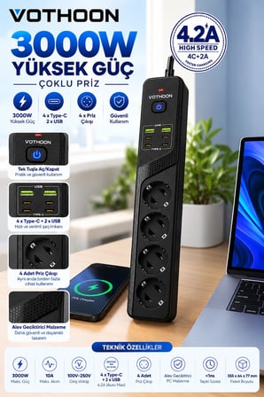 4'lü Akım Korumalı Çoklu Priz  4 Type-C 2 USB Girişli 4.2A Hızlı Şarj Destekli Priz 3000W