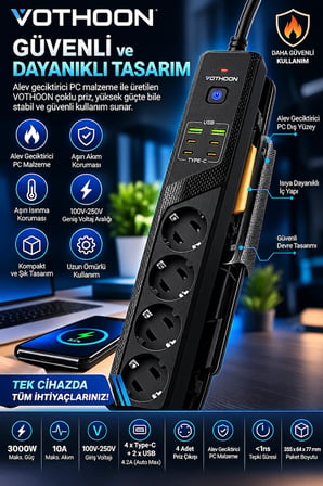 4'lü Akım Korumalı Çoklu Priz  4 Type-C 2 USB Girişli 4.2A Hızlı Şarj Destekli Priz 3000W