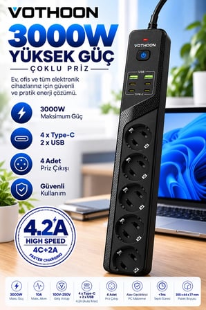 4'lü Akım Korumalı Çoklu Priz  4 Type-C 2 USB Girişli 4.2A Hızlı Şarj Destekli Priz 3000W