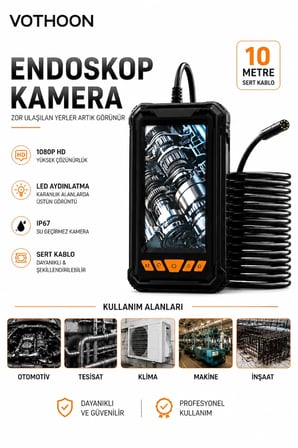 10 Metre Tek Kameralı Endoskop Kamera 1080P HD LED Aydınlatmalı Sert Kablolu Yeni