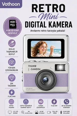 Retro Mini Dijital Kamera 1080P 1.47 İnç Flip Ekranlı Flaşlı Selfie Vlog Kamerası 4GB SD Hediyeli