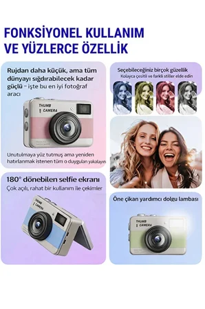 Retro Mini Dijital Kamera 1080P 1.47 İnç Flip Ekranlı Flaşlı Selfie Vlog Kamerası 4GB SD Hediyeli